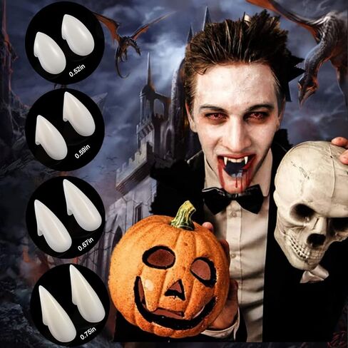 Pigdun 4 Pairs Vampire Teeth with Adhesive,Halloween Vampire Fangs Teeth,Adult Kids Cosplay Realistic Horror Props Halloween Party Decoration Accessories, 4 Size(0.52in, 0.59in, 0.67in,0.75in) in Kuwait