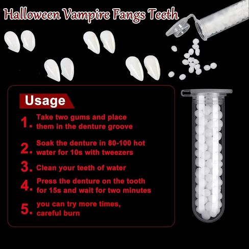 Pigdun 4 Pairs Vampire Teeth with Adhesive,Halloween Vampire Fangs Teeth,Adult Kids Cosplay Realistic Horror Props Halloween Party Decoration Accessories, 4 Size(0.52in, 0.59in, 0.67in,0.75in) in Kuwait