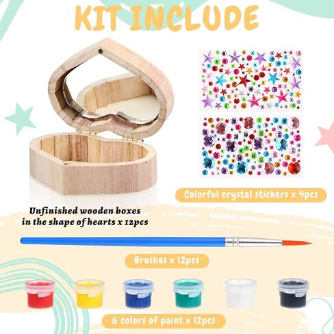 Kigley 100 Pcs Unfinished Wooden Heart Box Kit Include 12 Pcs Heart Treasure Box 72 Pcs Paints, 12pcs Brushes, 4 Sheets Rhinestones Stickers Craft Treasure Box for DIY Christmas Valentine Gift in Saudi Arabia