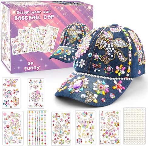 هدايا للبنات لتزيين قبعة البيسبول الخاصة بك مع 8 اوراق ملصقات احجار كريمة، مجموعة الفنون والحرف اليدوية للاطفال من سن 4 الى 12 سنة، هدايا عيد ميلاد مضحكة يونيكورن قبعة بيسبول العاب هدايا للاطفال 3 4 5 in Kuwait