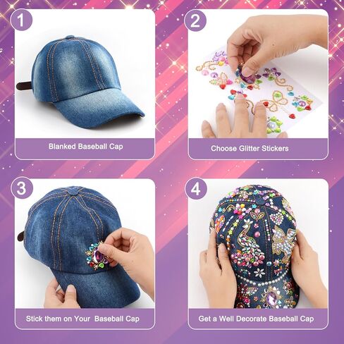 هدايا للبنات لتزيين قبعة البيسبول الخاصة بك مع 8 اوراق ملصقات احجار كريمة، مجموعة الفنون والحرف اليدوية للاطفال من سن 4 الى 12 سنة، هدايا عيد ميلاد مضحكة يونيكورن قبعة بيسبول العاب هدايا للاطفال 3 4 5 in Kuwait