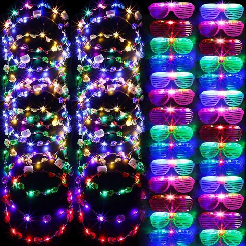 48 Pack Glow in the Dark Party Supplies LED Glasses Light Up Glasses LED Flower Crown Headband Multicolor LED Flower Wreath Glow Shutter Shades Glasses for Adults Kids Birthday Neon Party Favors in Saudi Arabia