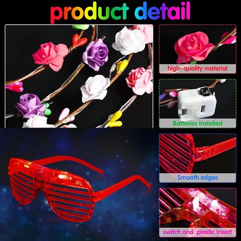 48 Pack Glow in the Dark Party Supplies LED Glasses Light Up Glasses LED Flower Crown Headband Multicolor LED Flower Wreath Glow Shutter Shades Glasses for Adults Kids Birthday Neon Party Favors in Saudi Arabia