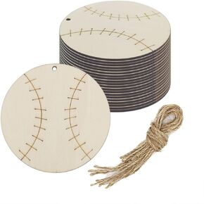 Creaides 20pcs Baseball Wood DIY Crafts Cutouts Wooden Baseball Shaped Hanging Ornaments Gift Tags with Jute Twines for DIY Project Sport Themed Party Decorations in Kuwait