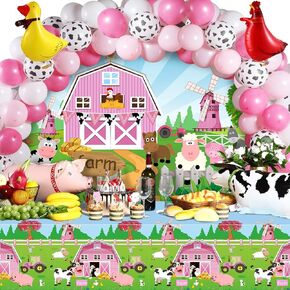 Farm Animals Theme Party Decorations Farm Barn Backdrop Banner Farmhouse Animals Decor Tablecloth Balloon Arch Garland Kit for Birthday Photography Baby Shower Party Supplies(Red)