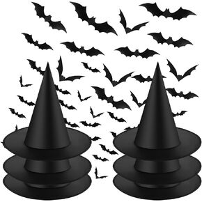 6 قطع من قبعات الهالوين الساحرة مع 60 قطعة من الخفافيش ثلاثية الأبعاد أو ملصق العنكبوت، إكسسوار زي الساحرة لديكور الهالوين الداخلي والخارجي in Kuwait