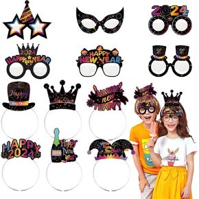 YQUQWN, 12 Pcs Happy New Year Headband and New Years Glasses Frame, New Years Photo Booth Props for New Year Decorations 2024