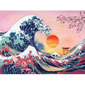 لوحة الماس المموجة العظيمة للمبتدئين الكبار، موجة المحيط اليابانية مع خلفية شجرة زهر الكرز، غروب الشمس، حفر كامل للهدايا وجدار المنزل، 12 × 16 انش in Kuwait