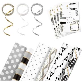 Hallmark Reversible Wrapping Paper Bundle with Ribbon & Gift Tag Stickers - Black, Gold Stripes, Plaid (3 Pack, 120 sq. ft. ttl, 30 Yds. Mini Ribbon, 36 Labels) for Graduations, Weddings, Christmas in Saudi Arabia