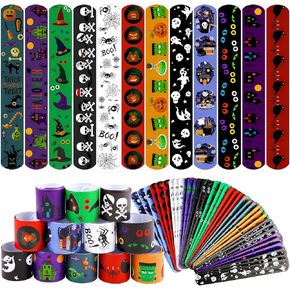 Motarto 60 Pieces Halloween Themed Slap Bracelet Halloween Snap Bracelets Toys Slap Bracelets Wristbands for Happy Halloween Favors, Assorted Halloween Designs in Kuwait