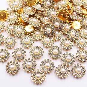 120pcs 14mm Sunflower Pearl Sew On Rhinestones Flatback Crystals Stones Trim Pearl Rhinestones Buttons Fabric Gems Sewing Accessories (crystal-gold)