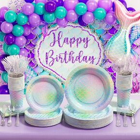 Mermaid Party Decorations & Disposable Dinnerware(Serve 25) Girl Birthday Baby Shower All-in-One Party Supplies Set Includes Paper Plates Cups Napkins Tableware Tablecloth Backdrop Balloon Garland Kit
