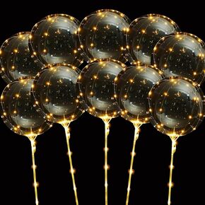 LED Balloons Light Up Balloons, 10 Pack LED Balloons with Sticks, 20 Inch Clear Bobo Balloons with Lights Helium Glow Bubble Balloons Lights for Party Supplies Valentines Decor (Cold White)