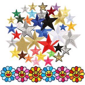 40 قطعة من الرقع المزخرفة على شكل نجمة قابلة للكي / الخياطة ، 6 قطع من رقع مطرزة على شكل وجه مبتسم وزهور للملابس والجاكيتات وحقيبة الظهر in Kuwait