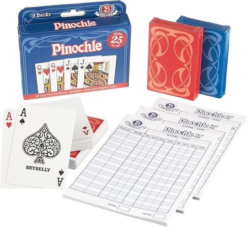 حزمة ألعاب بطاقات Pinochle النهائية - مجموعتان مخصصتان مكونتان من 48 بطاقة لعب + 100 لوحة نقاط قابلة للتمزيق - لعبة دمج عائلية كلاسيكية بحجم البوكر مطلي بالبلاستيك، ومجموعات مؤشرة قياسية in Kuwait