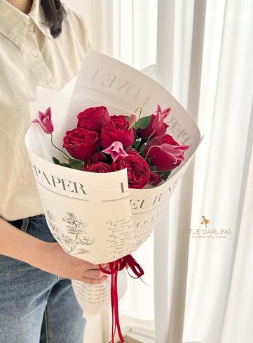 ورق تغليف الزهور الفاخر على الطراز الكوري من Little Darling لتغليف الهدايا، صحيفة مطبوعة بباقة زهور مقاومة للماء، مقاس 19.7 بوصة × 33 قدمًا (لفة) in Kuwait