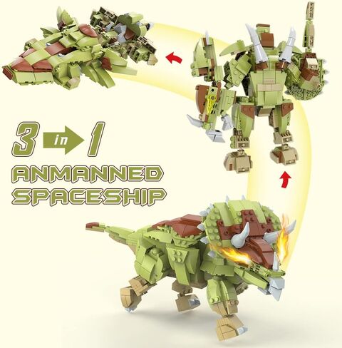 HOGOKIDS Dinosaur Toy Kit for Children - 445 Pieces Dinosaur Building Toy, 3-in-1 Triceratops Robot Spaceship, Dino Building Kits Gift for Boys from 6 7 8 9 10 11 12 Years in Kuwait