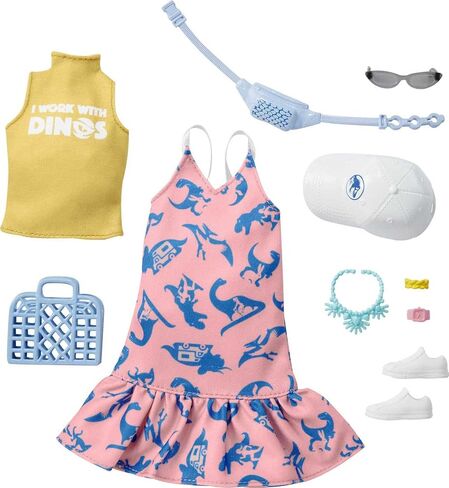 Barbie Clothing & Accessories Inspired by Jurassic World 10 Storytelling Pieces for Barbie Dolls: Sleeveless Top & Sundress Tote, Hat, Fanny Pack, Sunglasses & More, Gift for 3 to 8 Year Olds in Saudi Arabia