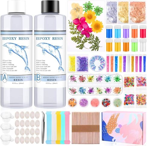 مجموعة تزيين الراتنج من 170 قطعة مع راتنج ايبوكسي، مجموعة المبتدئين من الراتنج من انيزوس تتضمن راتنج شفاف، ورقائق رقائق زهور مجففة، صبغات راتنج لفن الراتنج وصناعة المجوهرات الحرفية in Kuwait