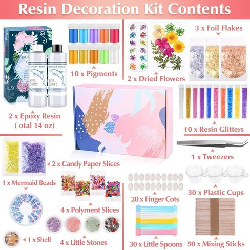 مجموعة تزيين الراتنج من 170 قطعة مع راتنج ايبوكسي، مجموعة المبتدئين من الراتنج من انيزوس تتضمن راتنج شفاف، ورقائق رقائق زهور مجففة، صبغات راتنج لفن الراتنج وصناعة المجوهرات الحرفية in Kuwait