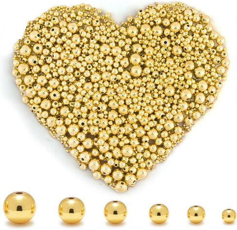 100Pcs 14K Gold Filled Spacer Beads, 2/3/4/5/6/8mm Round Loose Beads for Jewelry Making, Small Smooth Beads Ball Beads Seamless Bead for DIY Bracelet Jewelry Necklace Bulk Making Supply (4mm Gold) in Kuwait