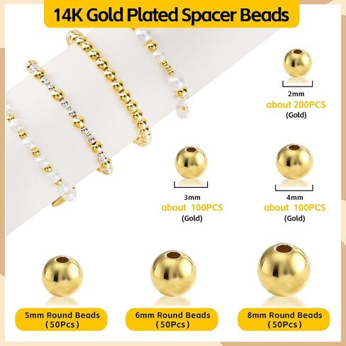100Pcs 14K Gold Filled Spacer Beads, 2/3/4/5/6/8mm Round Loose Beads for Jewelry Making, Small Smooth Beads Ball Beads Seamless Bead for DIY Bracelet Jewelry Necklace Bulk Making Supply (4mm Gold) in Kuwait