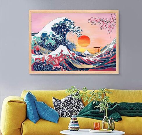لوحة الماس المموجة العظيمة للمبتدئين الكبار، موجة المحيط اليابانية مع خلفية شجرة زهر الكرز، غروب الشمس، حفر كامل للهدايا وجدار المنزل، 12 × 16 انش in Kuwait