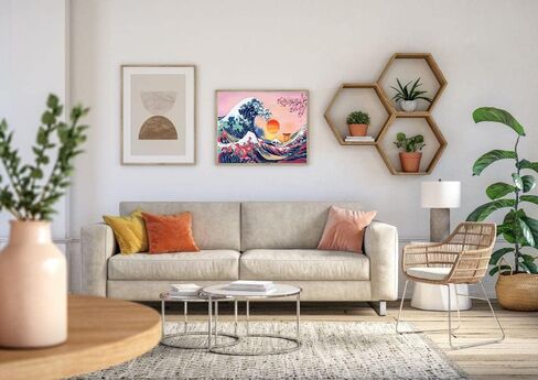 لوحة الماس المموجة العظيمة للمبتدئين الكبار، موجة المحيط اليابانية مع خلفية شجرة زهر الكرز، غروب الشمس، حفر كامل للهدايا وجدار المنزل، 12 × 16 انش in Kuwait