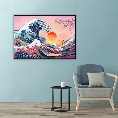 لوحة الماس المموجة العظيمة للمبتدئين الكبار، موجة المحيط اليابانية مع خلفية شجرة زهر الكرز، غروب الشمس، حفر كامل للهدايا وجدار المنزل، 12 × 16 انش in Kuwait