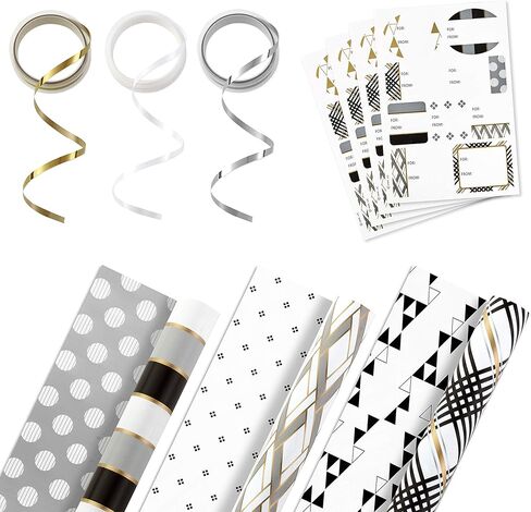 Hallmark Reversible Wrapping Paper Bundle with Ribbon & Gift Tag Stickers - Black, Gold Stripes, Plaid (3 Pack, 120 sq. ft. ttl, 30 Yds. Mini Ribbon, 36 Labels) for Graduations, Weddings, Christmas in Saudi Arabia