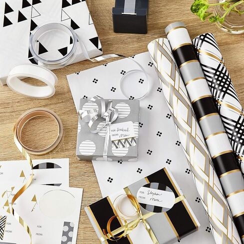 Hallmark Reversible Wrapping Paper Bundle with Ribbon & Gift Tag Stickers - Black, Gold Stripes, Plaid (3 Pack, 120 sq. ft. ttl, 30 Yds. Mini Ribbon, 36 Labels) for Graduations, Weddings, Christmas in Saudi Arabia