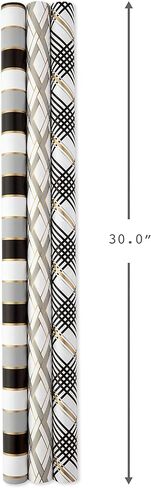 Hallmark Reversible Wrapping Paper Bundle with Ribbon & Gift Tag Stickers - Black, Gold Stripes, Plaid (3 Pack, 120 sq. ft. ttl, 30 Yds. Mini Ribbon, 36 Labels) for Graduations, Weddings, Christmas in Saudi Arabia