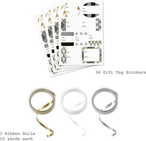 Hallmark Reversible Wrapping Paper Bundle with Ribbon & Gift Tag Stickers - Black, Gold Stripes, Plaid (3 Pack, 120 sq. ft. ttl, 30 Yds. Mini Ribbon, 36 Labels) for Graduations, Weddings, Christmas in Saudi Arabia