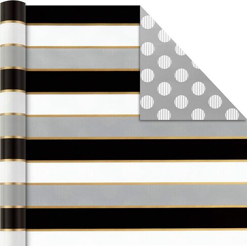 Hallmark Reversible Wrapping Paper Bundle with Ribbon & Gift Tag Stickers - Black, Gold Stripes, Plaid (3 Pack, 120 sq. ft. ttl, 30 Yds. Mini Ribbon, 36 Labels) for Graduations, Weddings, Christmas in Saudi Arabia