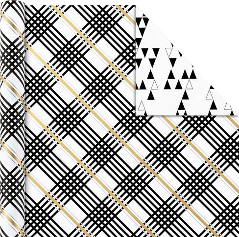 Hallmark Reversible Wrapping Paper Bundle with Ribbon & Gift Tag Stickers - Black, Gold Stripes, Plaid (3 Pack, 120 sq. ft. ttl, 30 Yds. Mini Ribbon, 36 Labels) for Graduations, Weddings, Christmas in Saudi Arabia