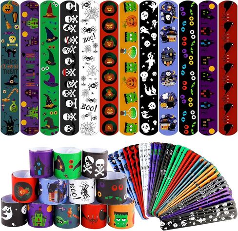 Motarto 60 Pieces Halloween Themed Slap Bracelet Halloween Snap Bracelets Toys Slap Bracelets Wristbands for Happy Halloween Favors, Assorted Halloween Designs in Kuwait