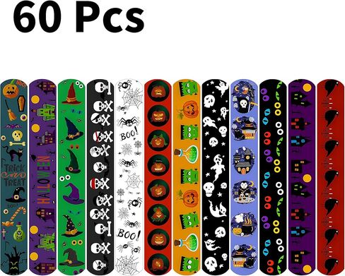 Motarto 60 Pieces Halloween Themed Slap Bracelet Halloween Snap Bracelets Toys Slap Bracelets Wristbands for Happy Halloween Favors, Assorted Halloween Designs in Kuwait