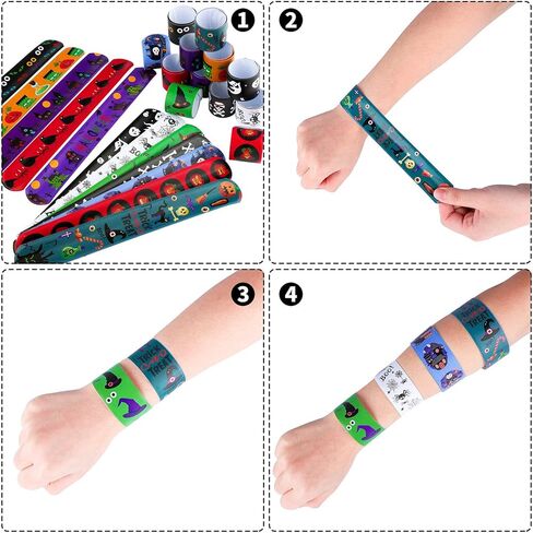 Motarto 60 Pieces Halloween Themed Slap Bracelet Halloween Snap Bracelets Toys Slap Bracelets Wristbands for Happy Halloween Favors, Assorted Halloween Designs in Kuwait
