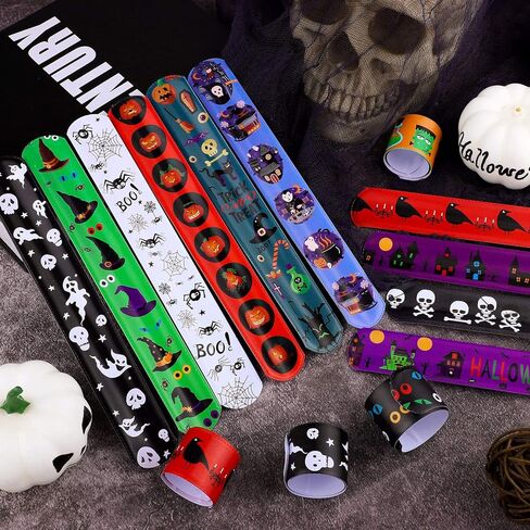 Motarto 60 Pieces Halloween Themed Slap Bracelet Halloween Snap Bracelets Toys Slap Bracelets Wristbands for Happy Halloween Favors, Assorted Halloween Designs in Kuwait