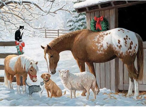 الشتاء مزرعة الخيول والقطط DIY الماس اللوحة 5D كامل جولة الماس الفن كريستال حجر الراين التطريز الفن الحديث ديكور المنزل-ديكور المكتب. (12 × 16 بوصة) in Kuwait
