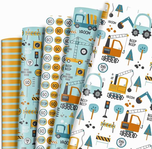 Dtiafu Construction Wrapping Paper - Birthday Gift Wrap Paper Bulk Folded Flat With Truck Tractor Traffic Signs Patterns for Boys Kids Baby - 20inch x 28inch Per Sheet(10 Sheets) in Kuwait