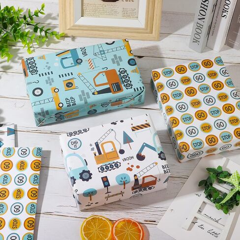 Dtiafu Construction Wrapping Paper - Birthday Gift Wrap Paper Bulk Folded Flat With Truck Tractor Traffic Signs Patterns for Boys Kids Baby - 20inch x 28inch Per Sheet(10 Sheets) in Kuwait