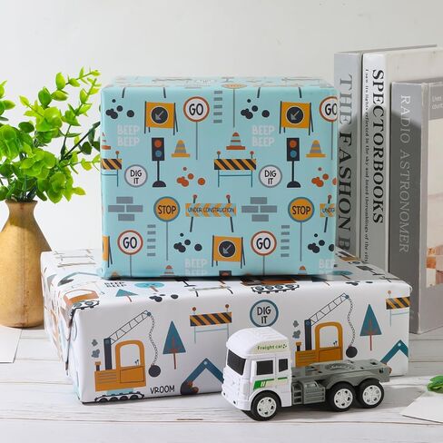 Dtiafu Construction Wrapping Paper - Birthday Gift Wrap Paper Bulk Folded Flat With Truck Tractor Traffic Signs Patterns for Boys Kids Baby - 20inch x 28inch Per Sheet(10 Sheets) in Kuwait