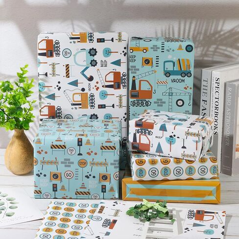 Dtiafu Construction Wrapping Paper - Birthday Gift Wrap Paper Bulk Folded Flat With Truck Tractor Traffic Signs Patterns for Boys Kids Baby - 20inch x 28inch Per Sheet(10 Sheets) in Kuwait