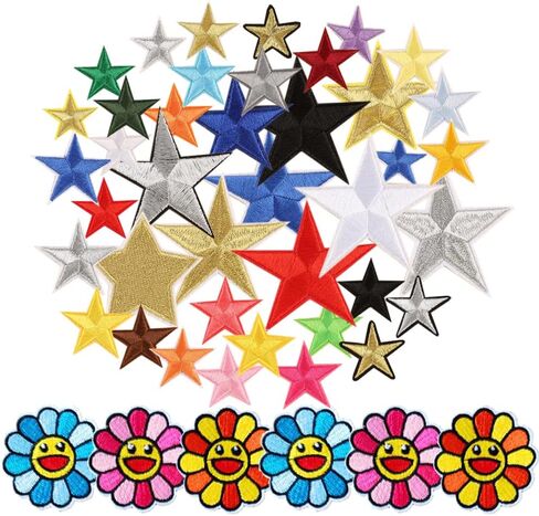 40 قطعة من الرقع المزخرفة على شكل نجمة قابلة للكي / الخياطة ، 6 قطع من رقع مطرزة على شكل وجه مبتسم وزهور للملابس والجاكيتات وحقيبة الظهر in Kuwait