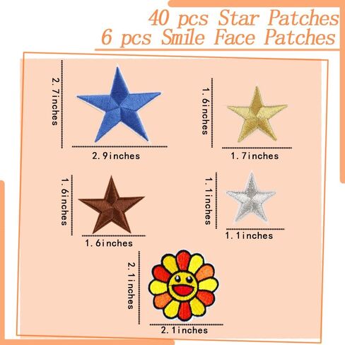 40 قطعة من الرقع المزخرفة على شكل نجمة قابلة للكي / الخياطة ، 6 قطع من رقع مطرزة على شكل وجه مبتسم وزهور للملابس والجاكيتات وحقيبة الظهر in Kuwait