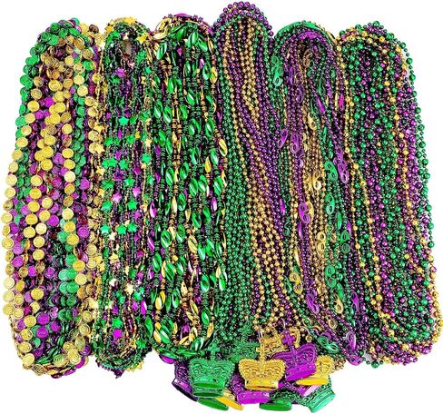 Mardi Gras Beads Necklaces Bulk 33 Inch Multi Colors Necklaces Bundle Mardi Gras Decorations Metallic Bead Necklaces Round Coin Crown Star Mask Beaded Necklaces for Mardi Gras Party Favors (126 Pcs) in Saudi Arabia
