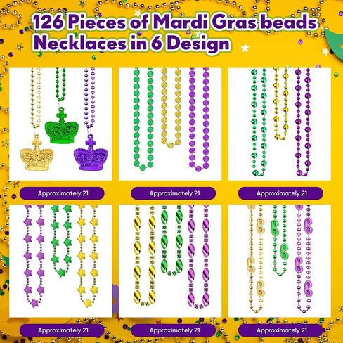 Mardi Gras Beads Necklaces Bulk 33 Inch Multi Colors Necklaces Bundle Mardi Gras Decorations Metallic Bead Necklaces Round Coin Crown Star Mask Beaded Necklaces for Mardi Gras Party Favors (126 Pcs) in Saudi Arabia