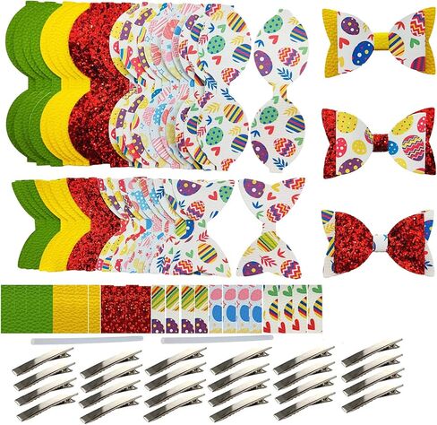 اوكسيم 24 مجموعة من ربطات الشعر المصنوعة من الجلد الصناعي بتصميم عيد الفصح السعيد للمبتدئين، مشابك تمساح من القماش الصناعي اللامع المقطوع مسبقا للنساء والبنات والاولاد والحيوانات الاليفة والمهرجانات in Kuwait