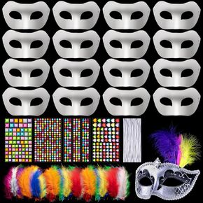 DIY Masquerade Mask, 16Pcs White Unpainted Paintable Paper Mache Masks with Colorful Craft Feathers and Self Adhesive Jewel Gem Sticker for Halloween Christmas Mardi Gras Cosplay Party Decoration in Kuwait